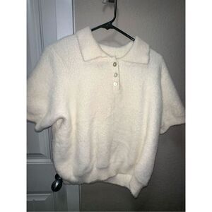 Rachel Zoe Cream Fuzzy Polo Sweater